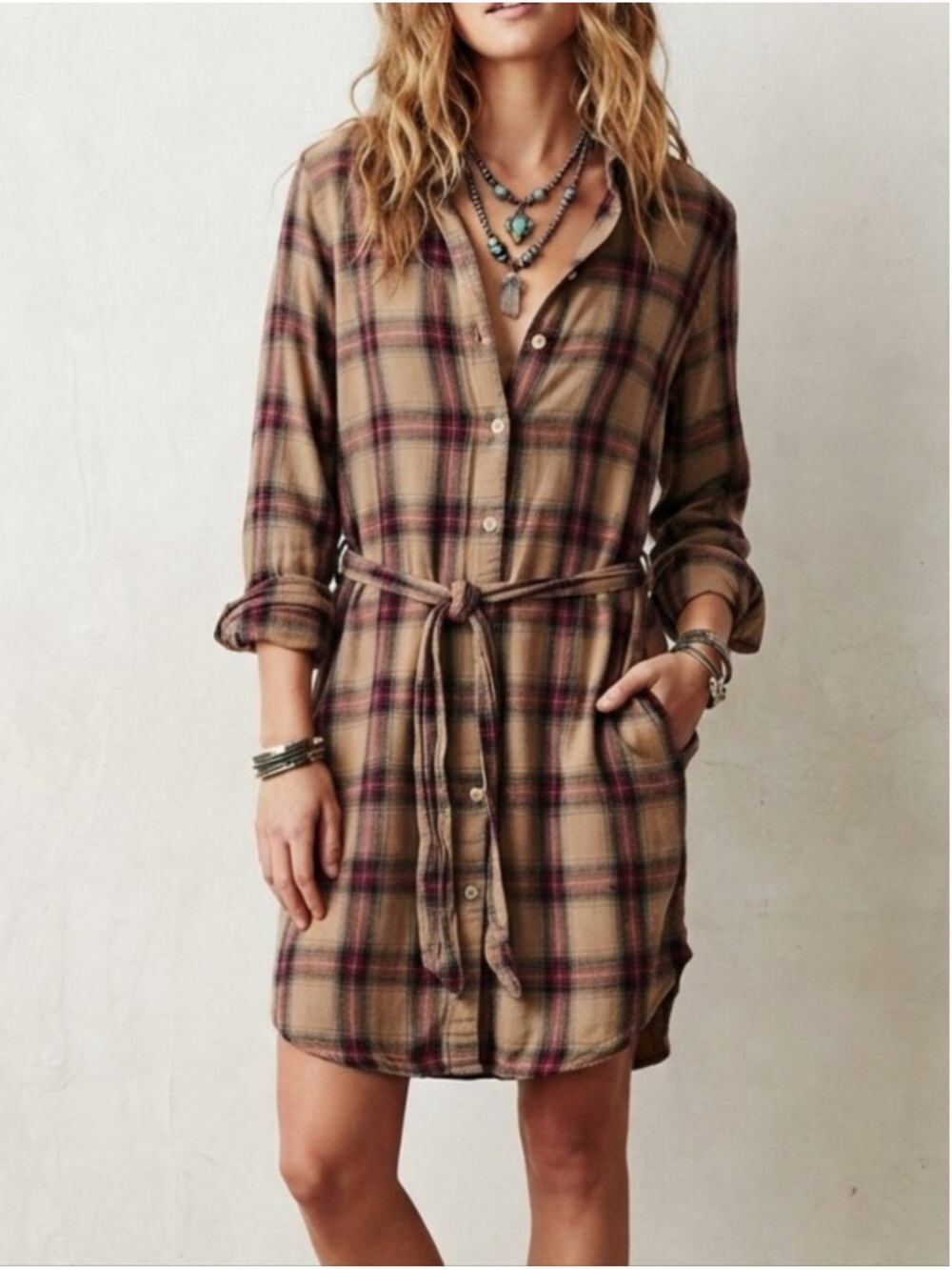 Free People CP Shades Flannel Plaid Shirt Dress Sz S Comfy Grunge 90s Soft Baggy